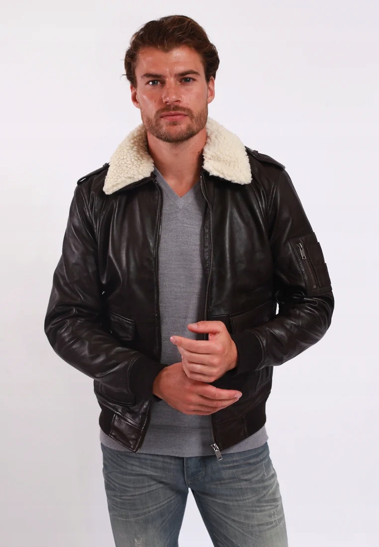 Lee Cooper Bomber pánská pilotní bunda s odnímatelným límcem, barva Hnědá, velikost M