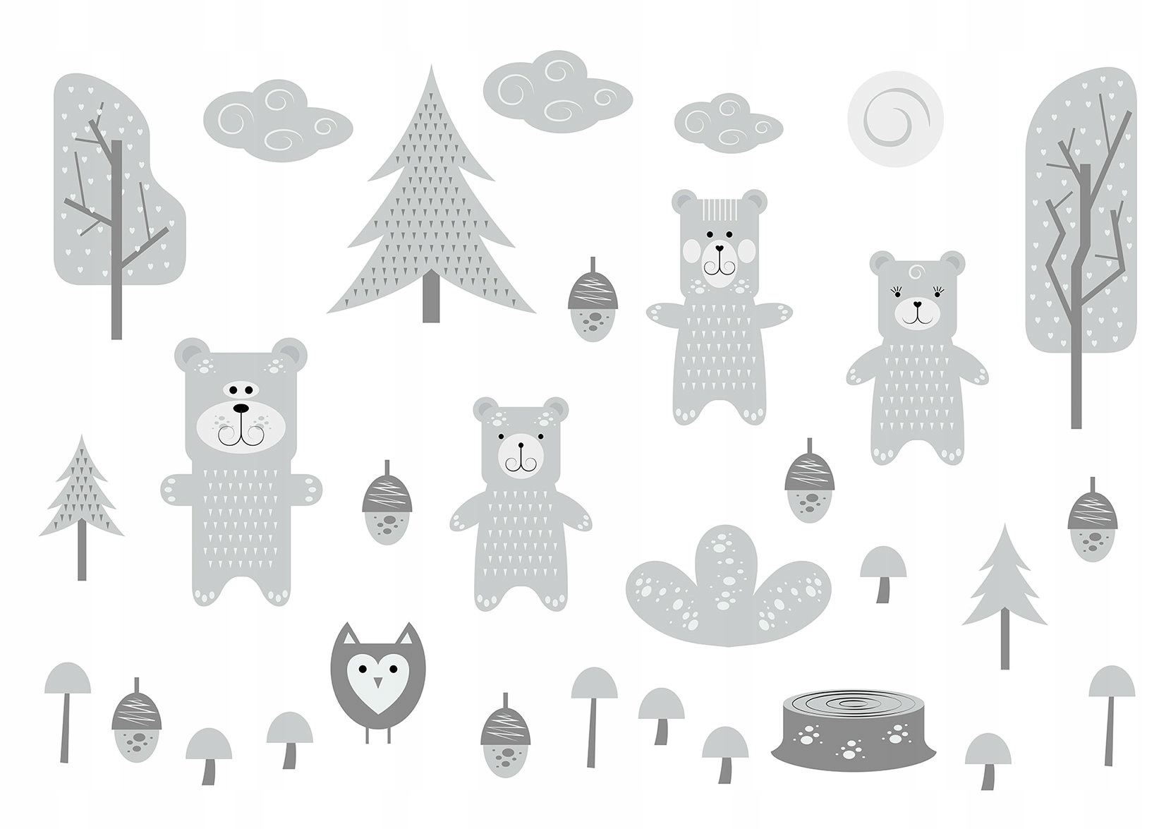 Tapeta Šedý les s medvídky sova vektorová 368x280 vinyl do dětského pokoje+lepidlo