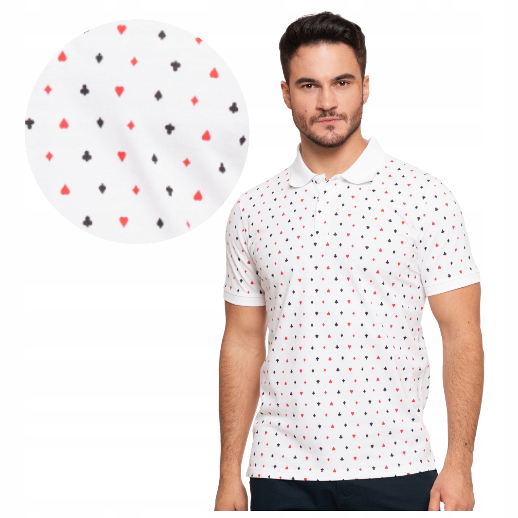KOSZULKA POLO MĘSKA BAWEŁNIANA 100% BIAŁA WZÓR KARCIANY ELEGANCKA MORAJ XL