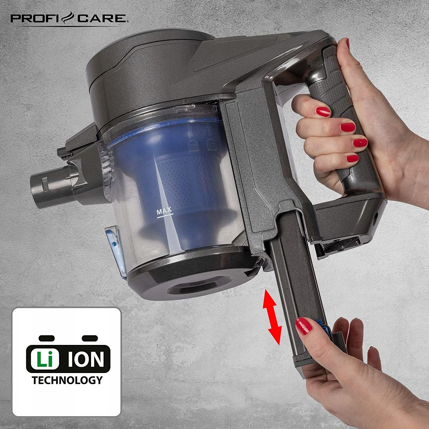 PROFICARE BEZWORKOWY RĘCZNY PIONOWY ODKURZACZ Z FILTREM HEPA Zasilanie akumulatorowe