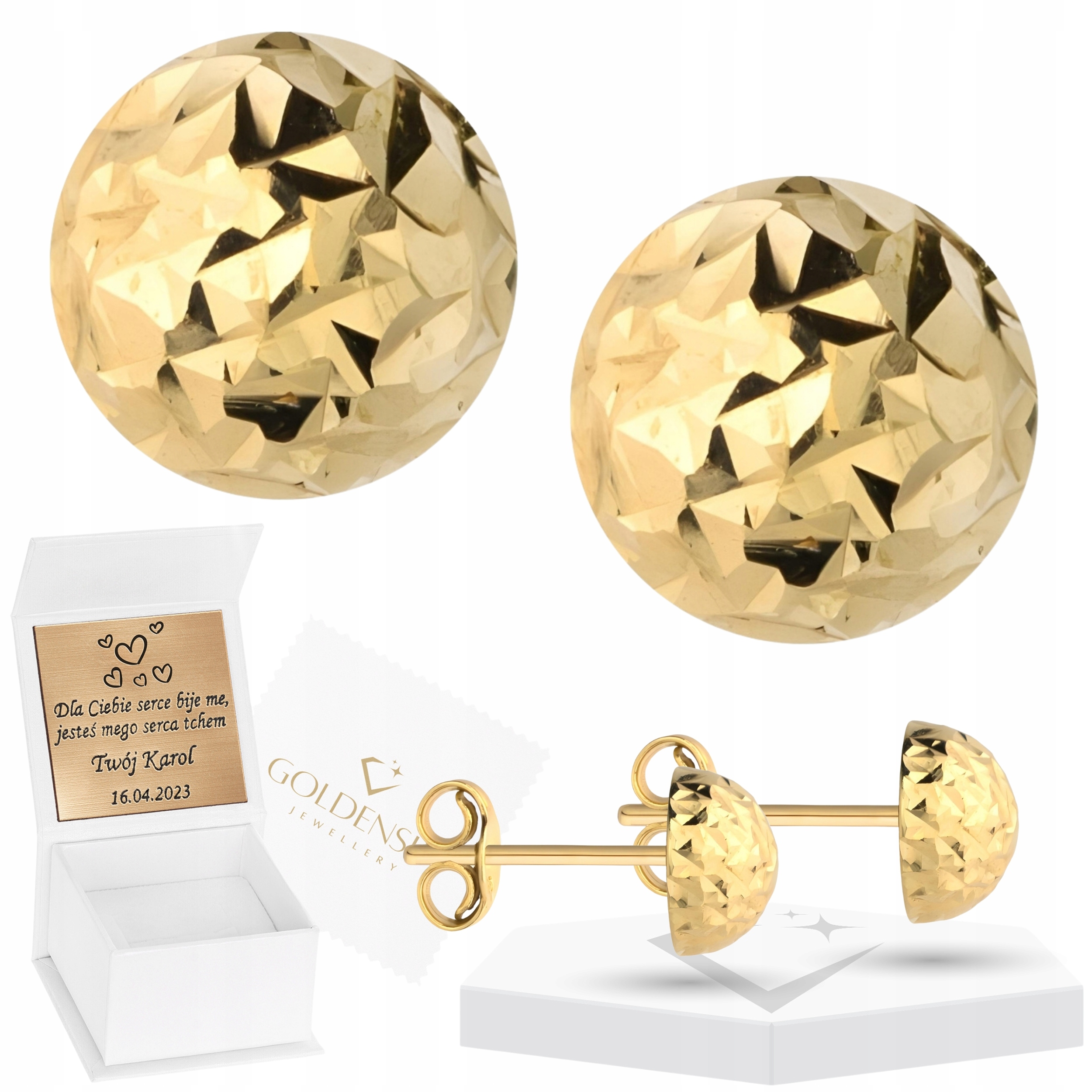 Złote kolczyki Półkulki 585 4mm Diamentowane Grawer