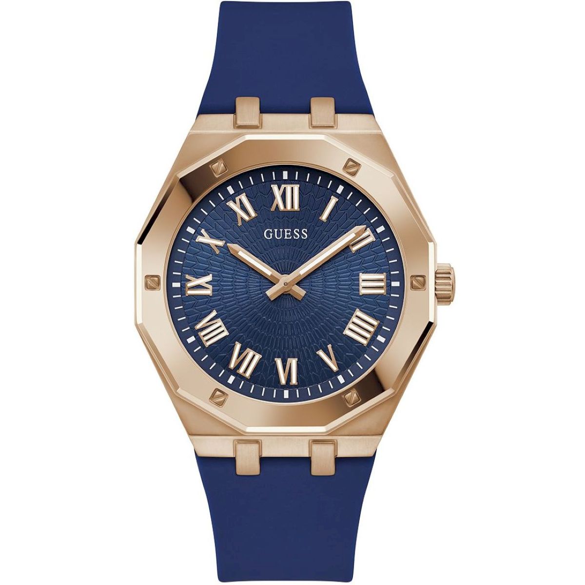 Růžovozlaté hodinky Guess Asset s tmavě modrým řemínkem GW0663G3