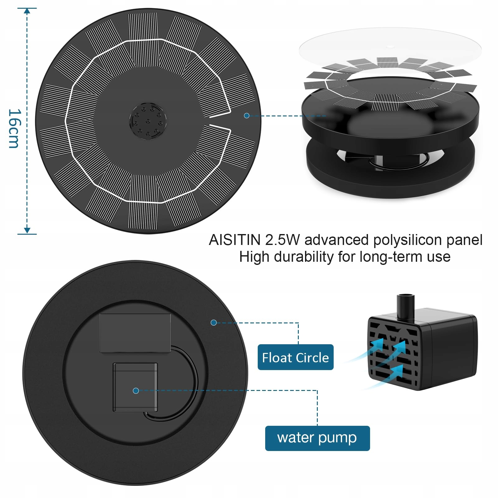 AISITIN Fontanna Solarna 2.5W Zestaw Do Ogrodu Stawów I Kąpieli Ptaków — miniatura 3