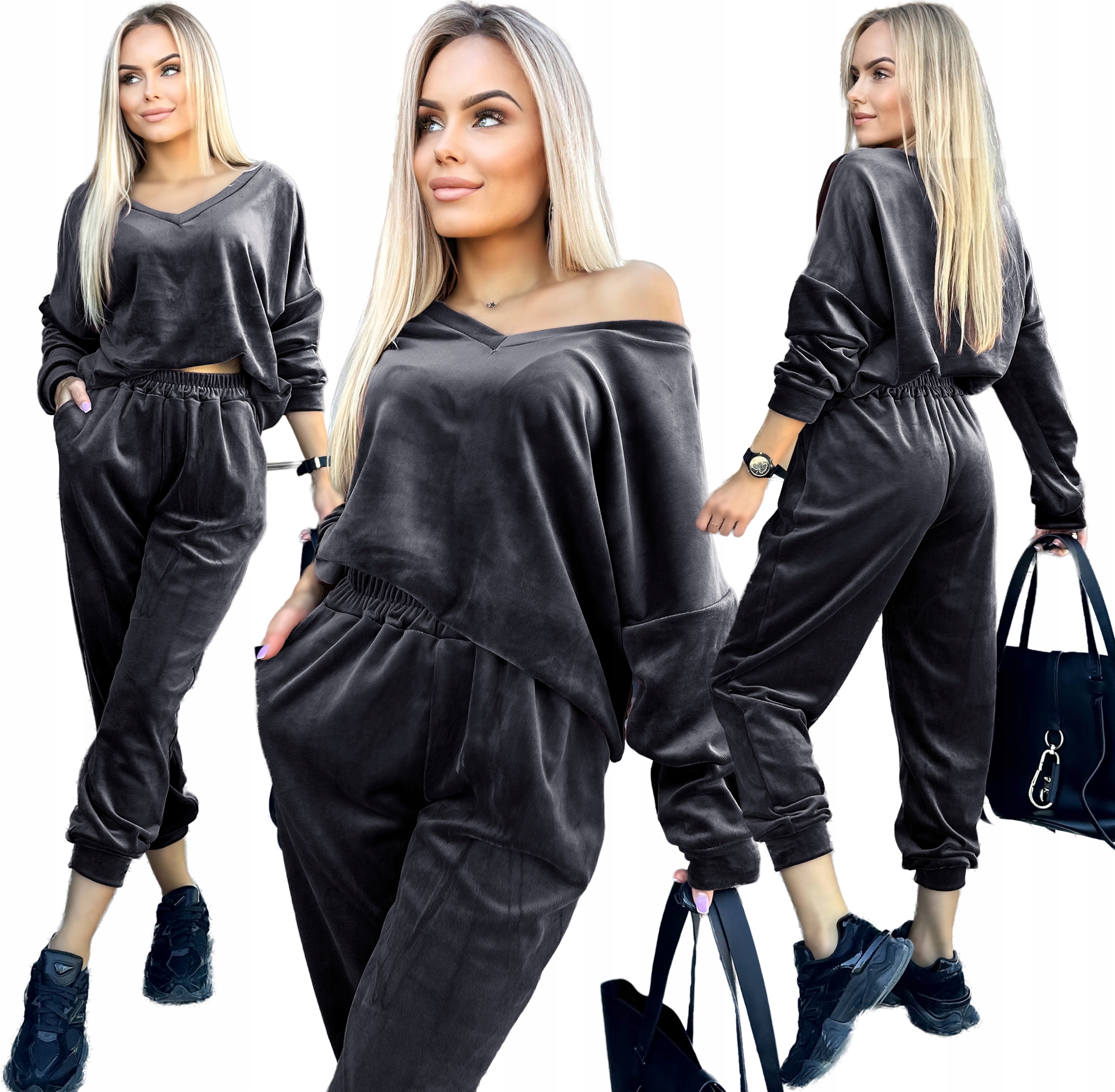 Welurowy miękki Komplet Dresowy damski bluza spodnie L XL Ella