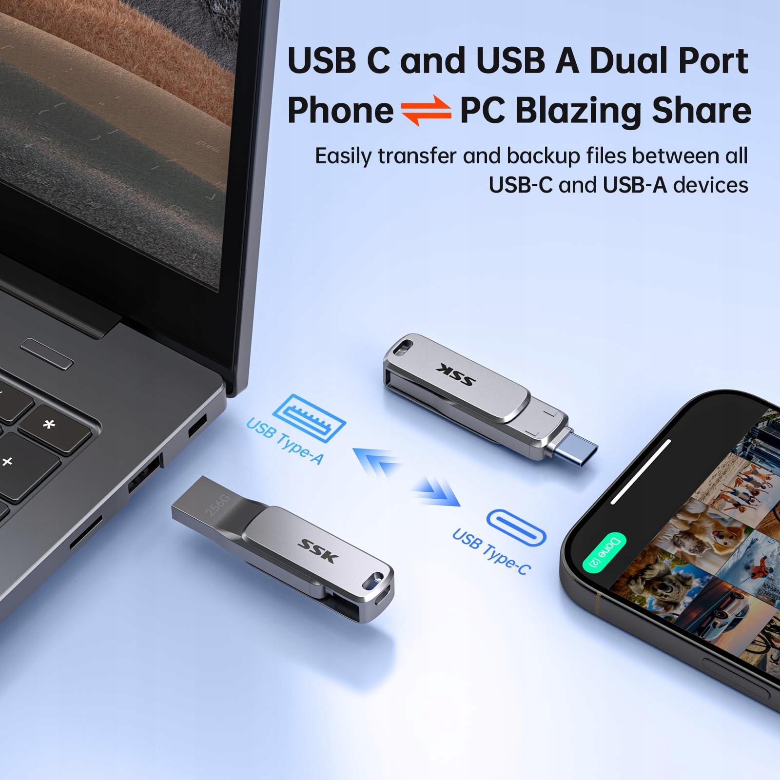 SSK 256 GB Pendrive USB Typ A C Szybki i Odporny na Wodę i Kurz — miniatura 4