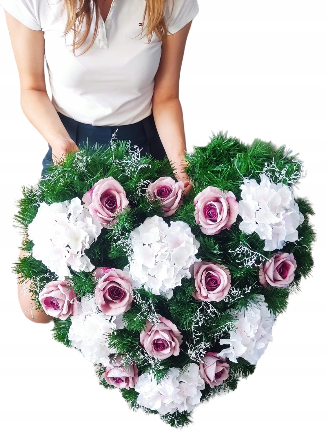 Dekorace Na Hrob Pomník S Vázáním XXL Srdce 70 cm Umělé Květiny Růže Šerpa