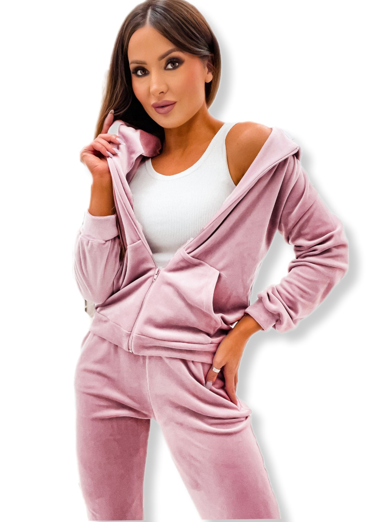 Sametová Teplákovka Souprava Pudrová Růžová XL