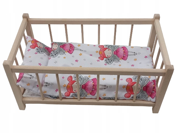 Drewniane łóżeczko dla lalek + POŚCIEL+ MATERAC