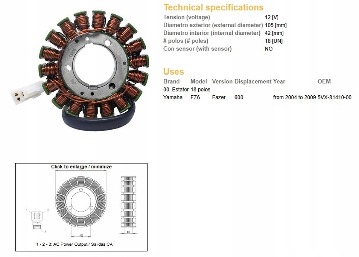 Vinutie Alternátora (stator) Yamaha FZ6 Fazer '04-'09 (oem 5VX-81410-