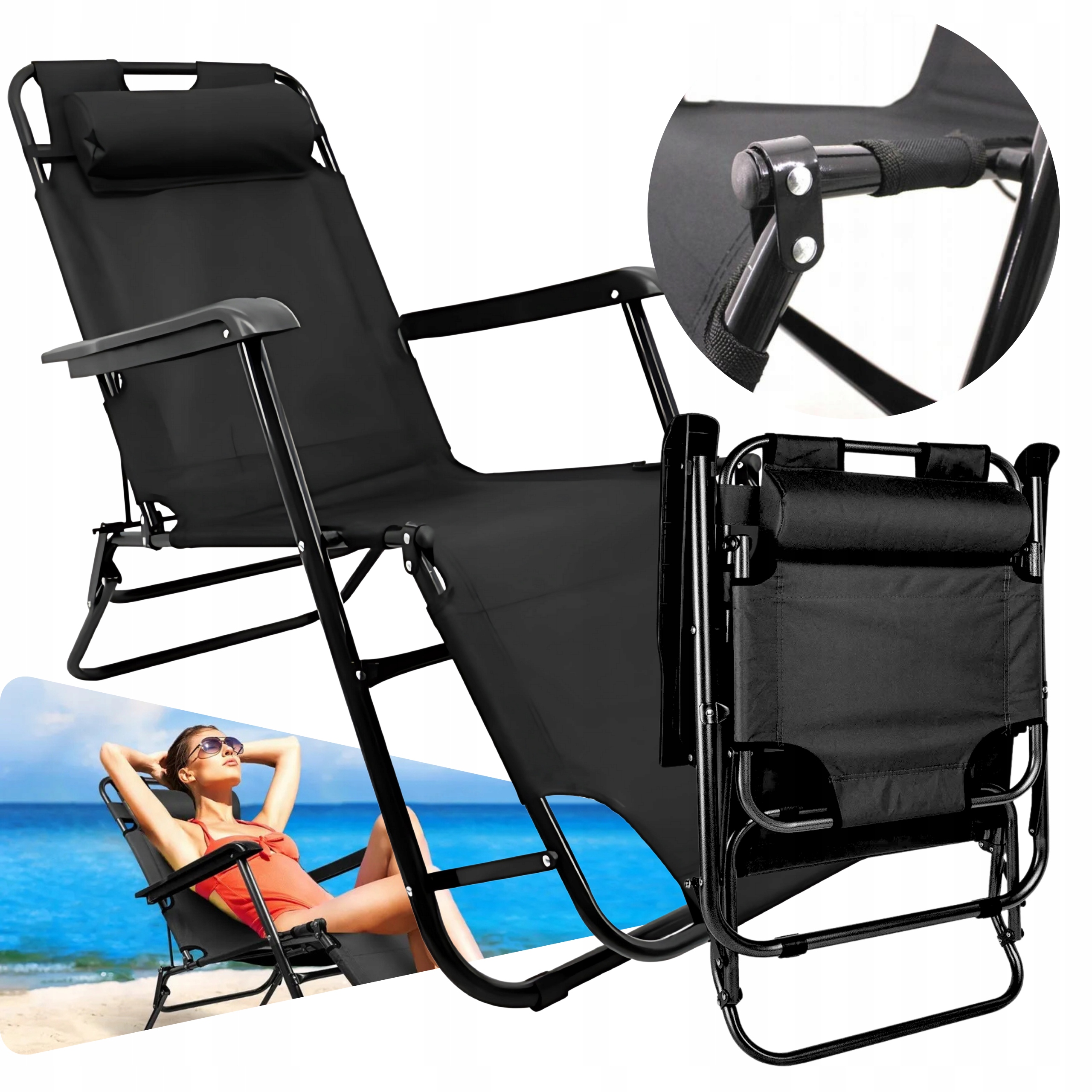 Leżak Ogrodowy Z Zagłówkiem Regulowany Składany czarny Plażowy Na Taras