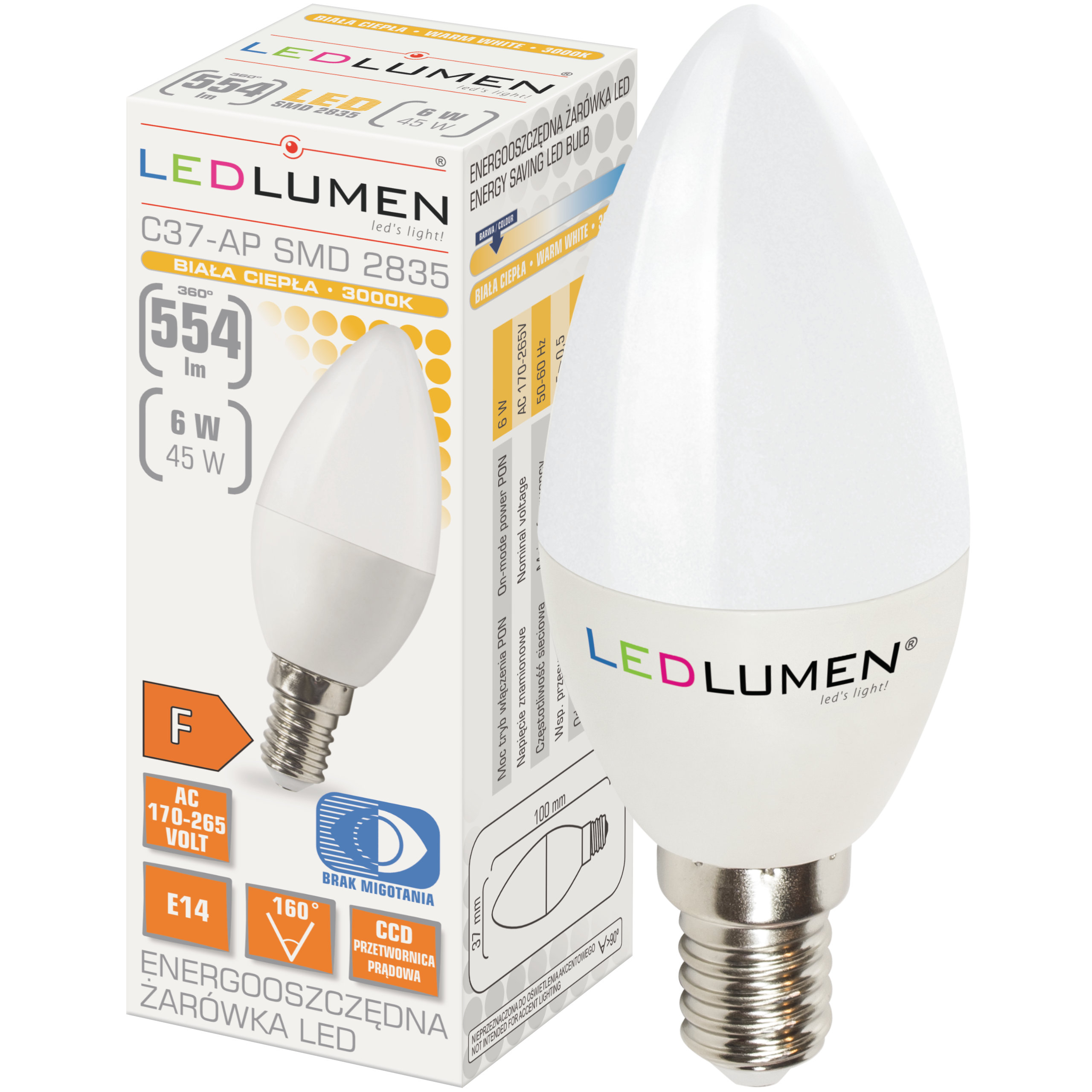 

Żarówka Led E14 Świeczka 6W=45W 554lm CCD Ledlumen