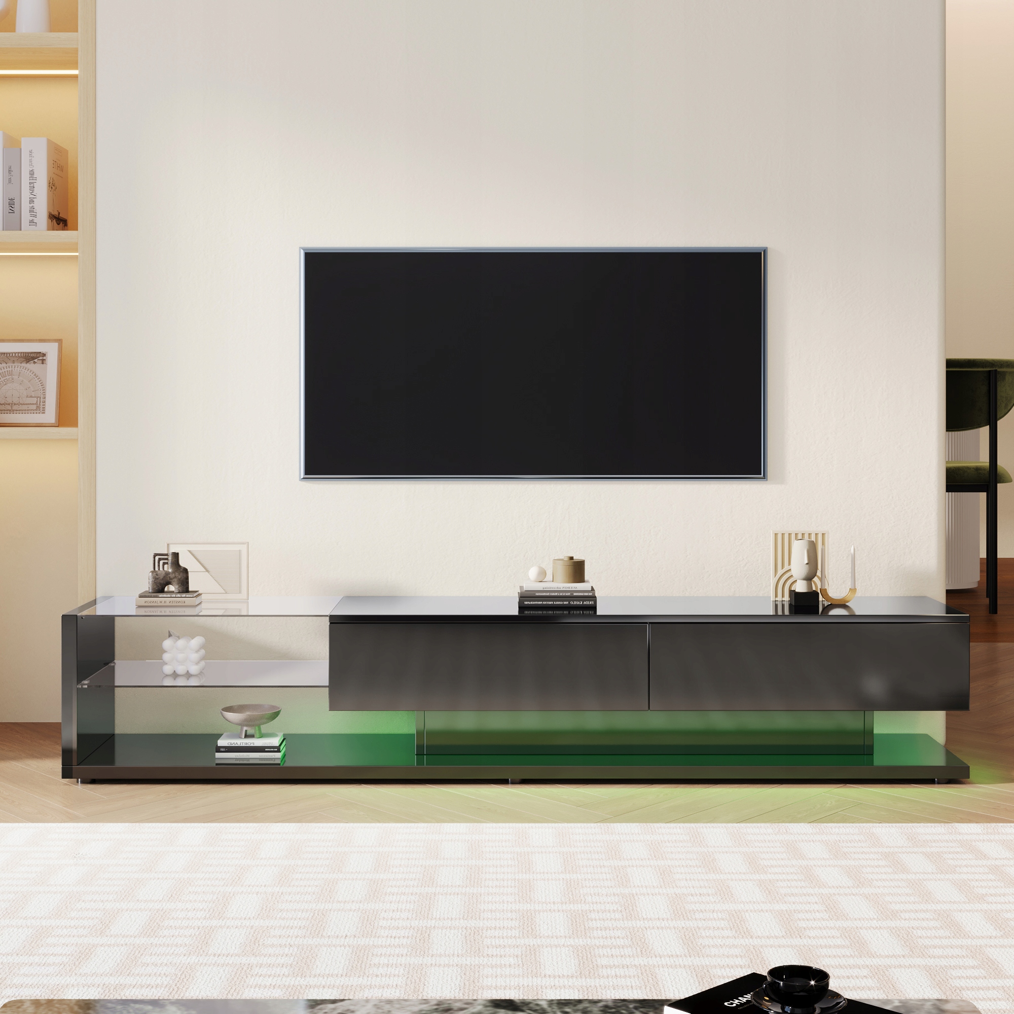 Rtv skříňka se skleněnými přihrádkami s vysokým leskem Led 170x36x38 cm