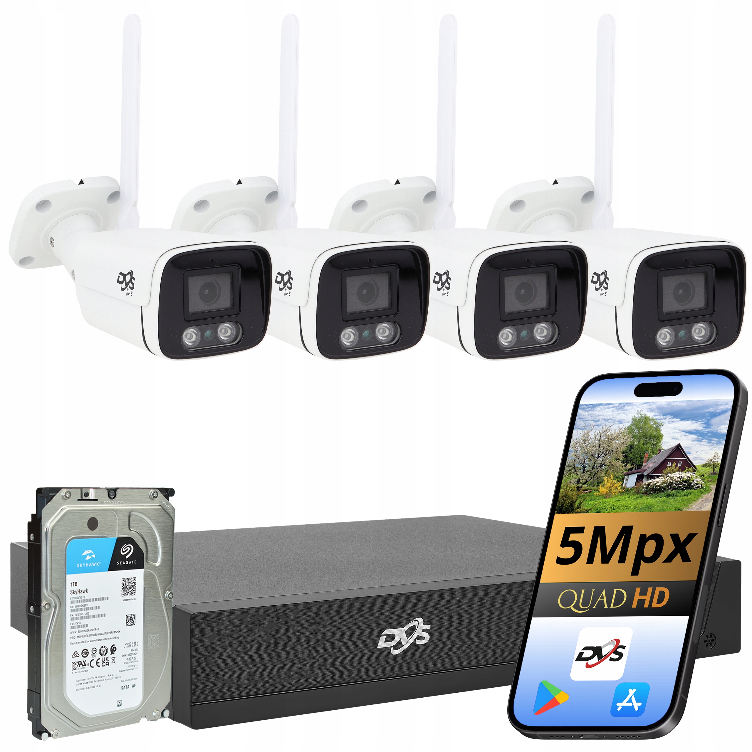 Set Wifi Kamer 4x 5MPX Disk 1TB Bílá Bezdrátová Monitorovací Tuba