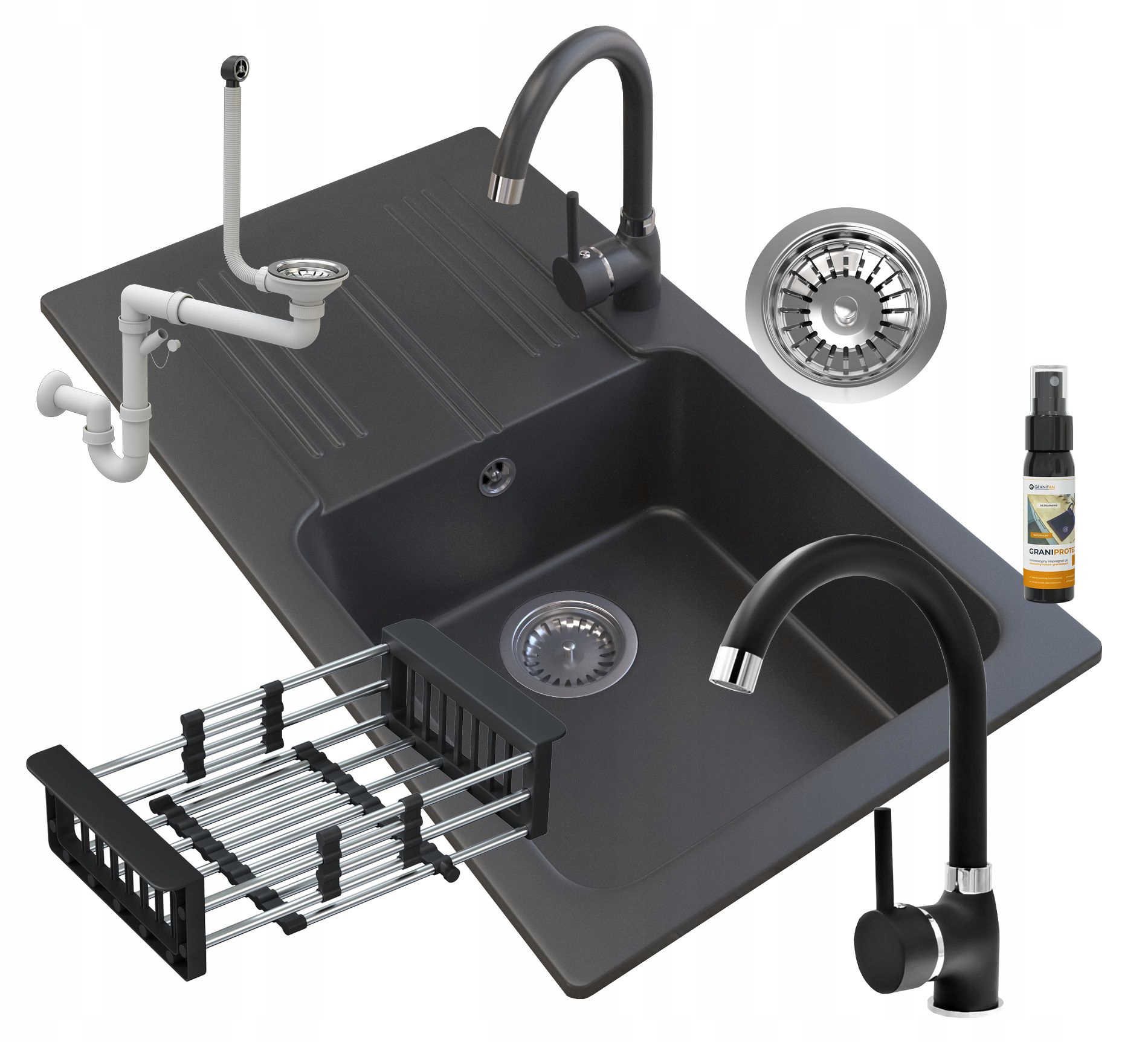 Granitový Drez, Sada Čierny Kohútik, Odkvapkávač, Sifón