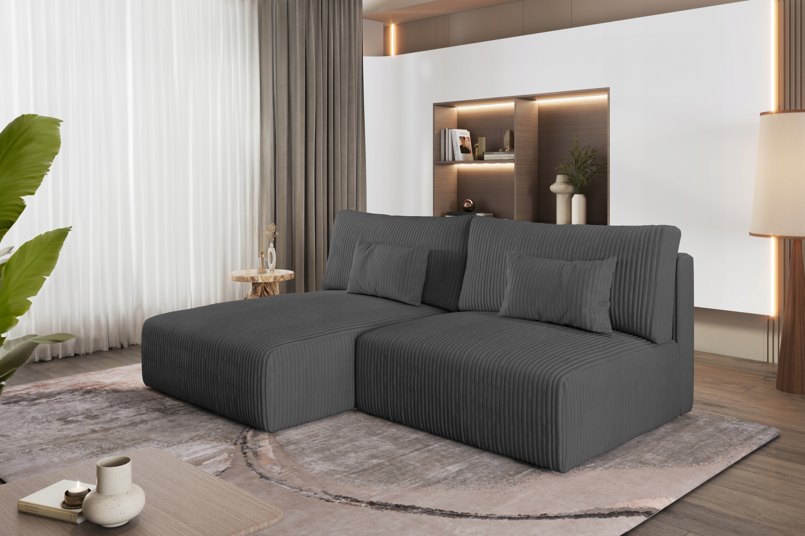 Grafitový rohová sedačka na spaní Modulo do garsonky.