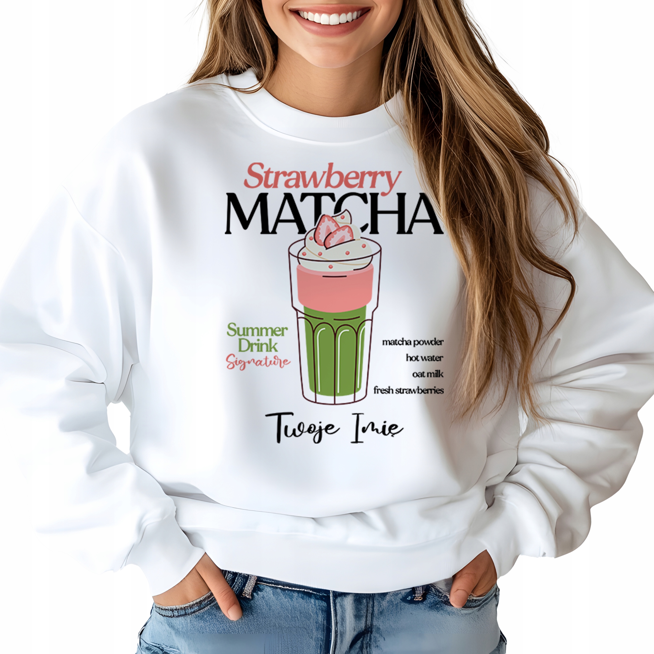 Mikina Bílá Módní pro milovnici Matchy Strawberry Matcha Jméno S