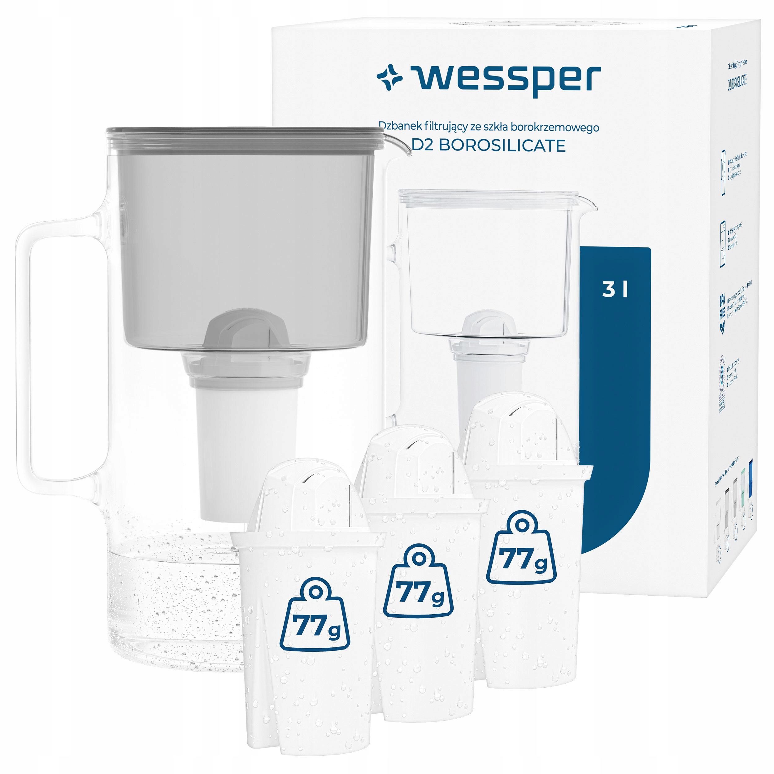 Dzbanek Szklany Filtrujący Wessper D2 Borosilicate 3l 4 filtr aquaclassic