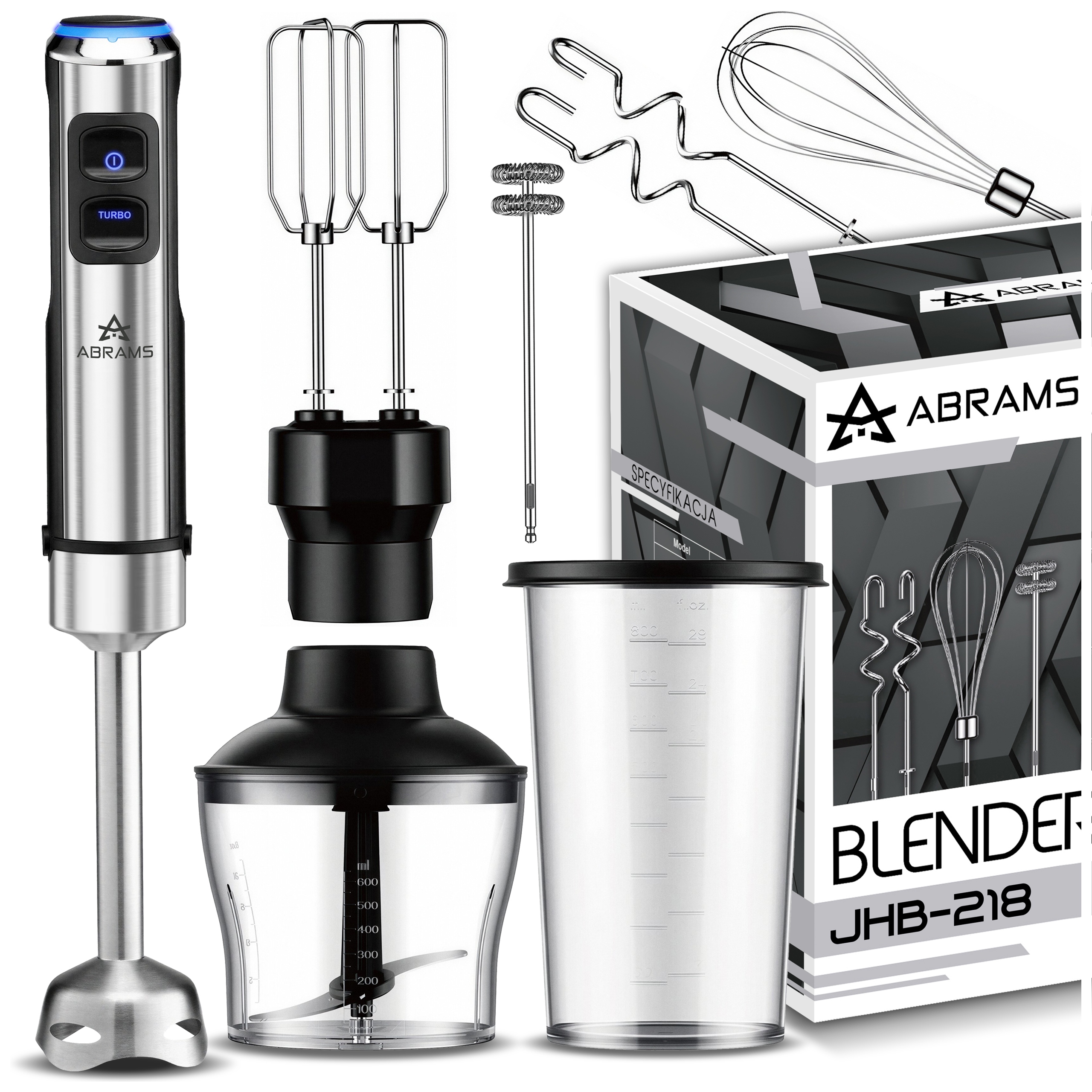 Blender Ręczny Mikser Wielofunkcyjny Mocny 1500W Ostrza Tytanowe 7W1 Zestaw