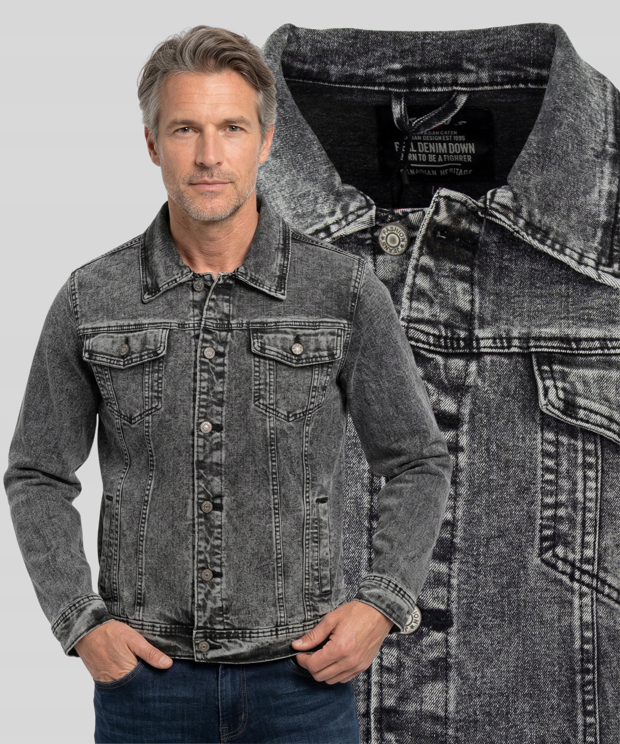 Pánská džínová bunda na podzim, šedá, klasická, bavlněná, ležérní, Vel. L