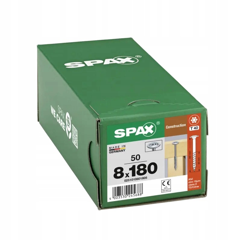 Tesařské vruty Spax na dřevo 8x180 mm, talířová hlava, Wirox 50 Ks.