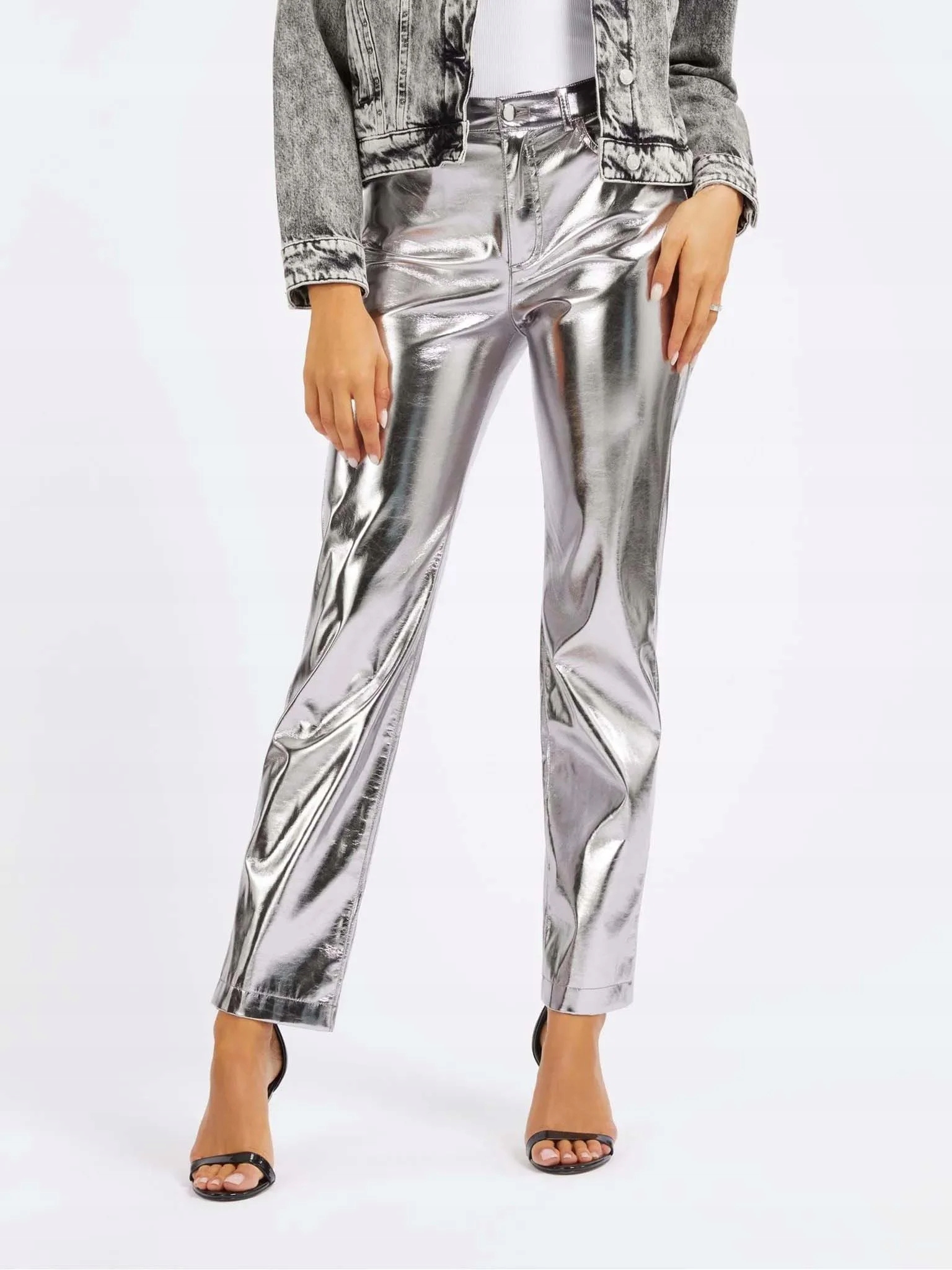 Guess Stříbrné Kalhoty Imitace Kůže (M)