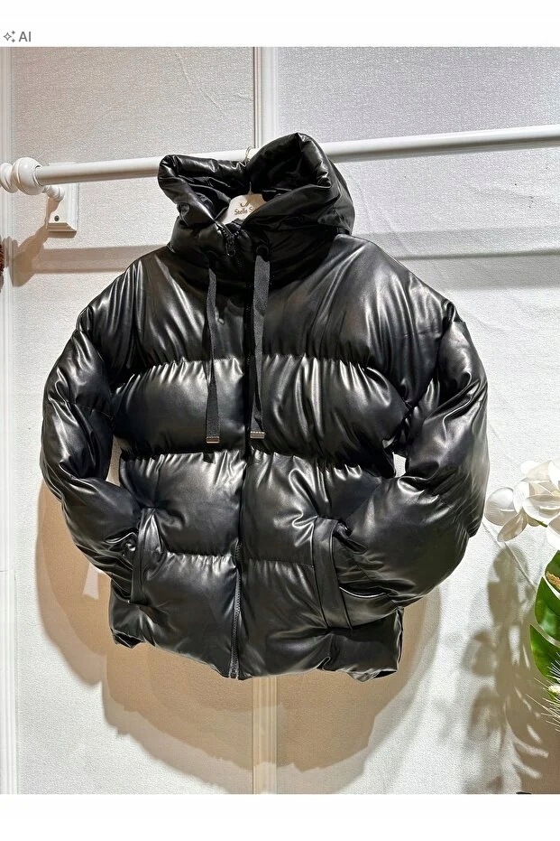 Lesklá Prošívaná Dámská Oversize Bunda S Kapucí M 5IA