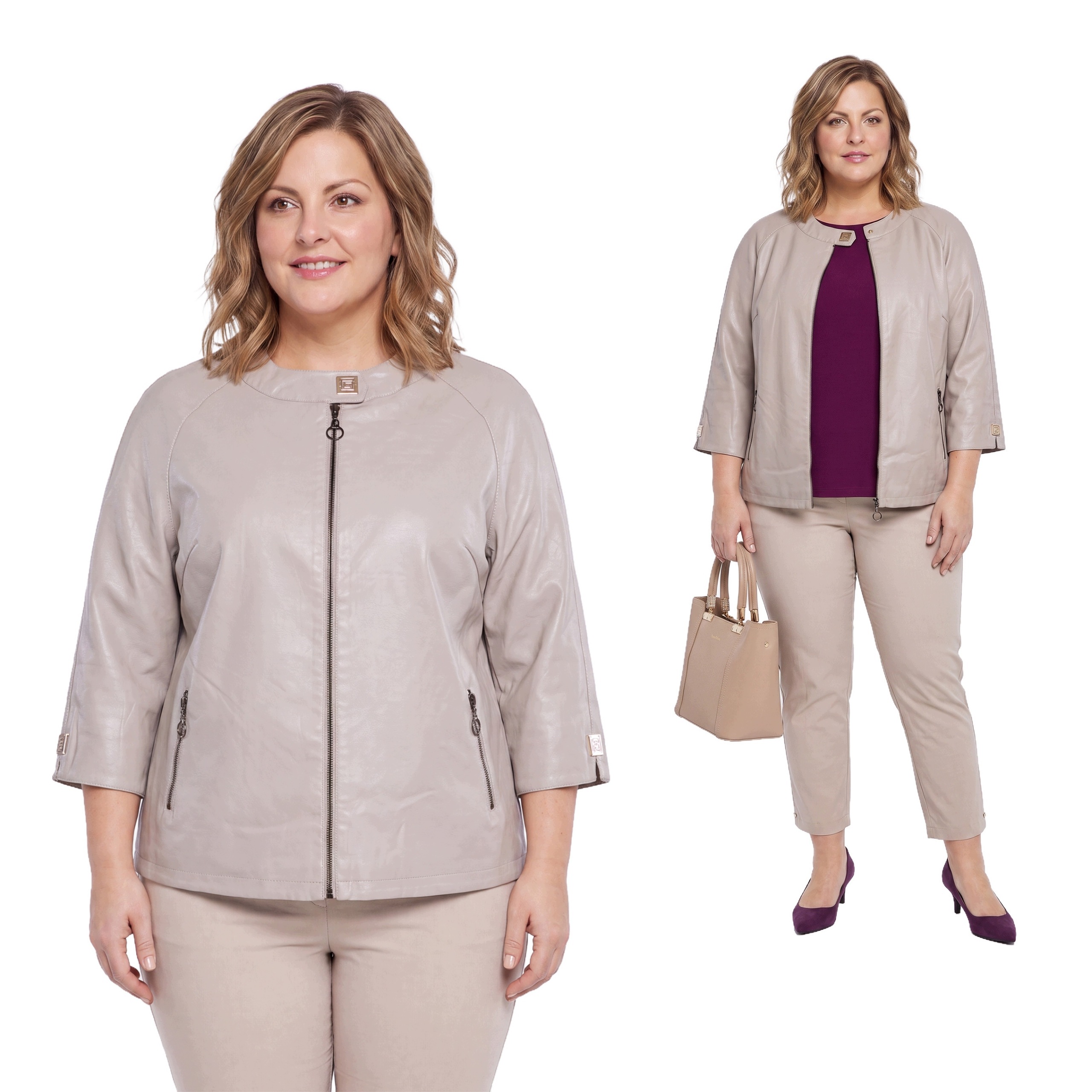 Béžová bunda se zlatým zapínáním plus size velikost 54