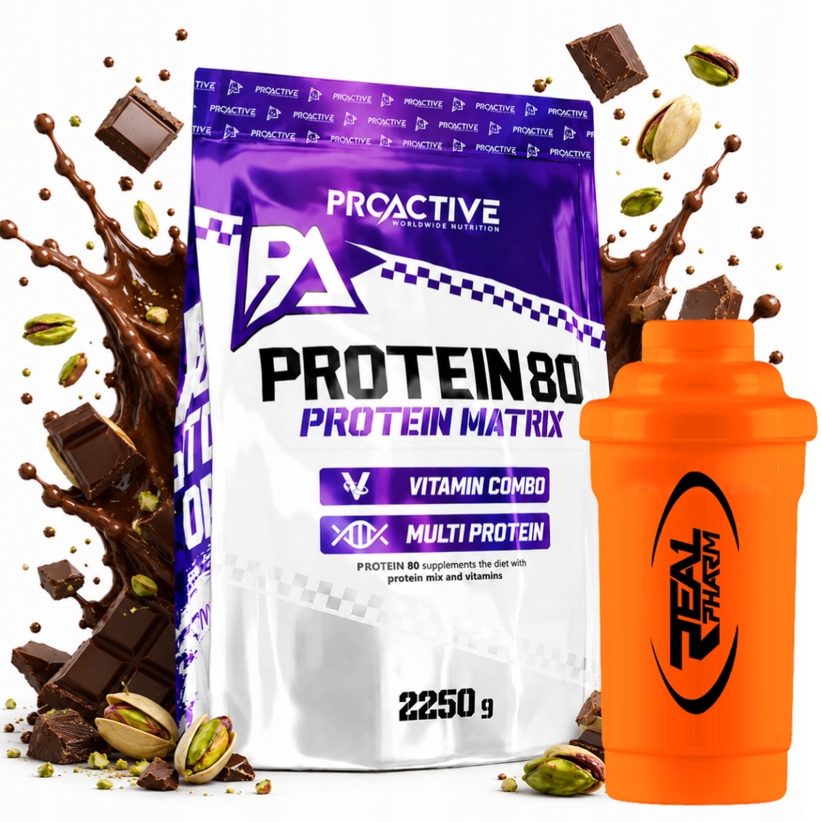 Bílkovina mix bílkovin ProActive Protein 80 2250 g Čokoláda pistácie Shaker