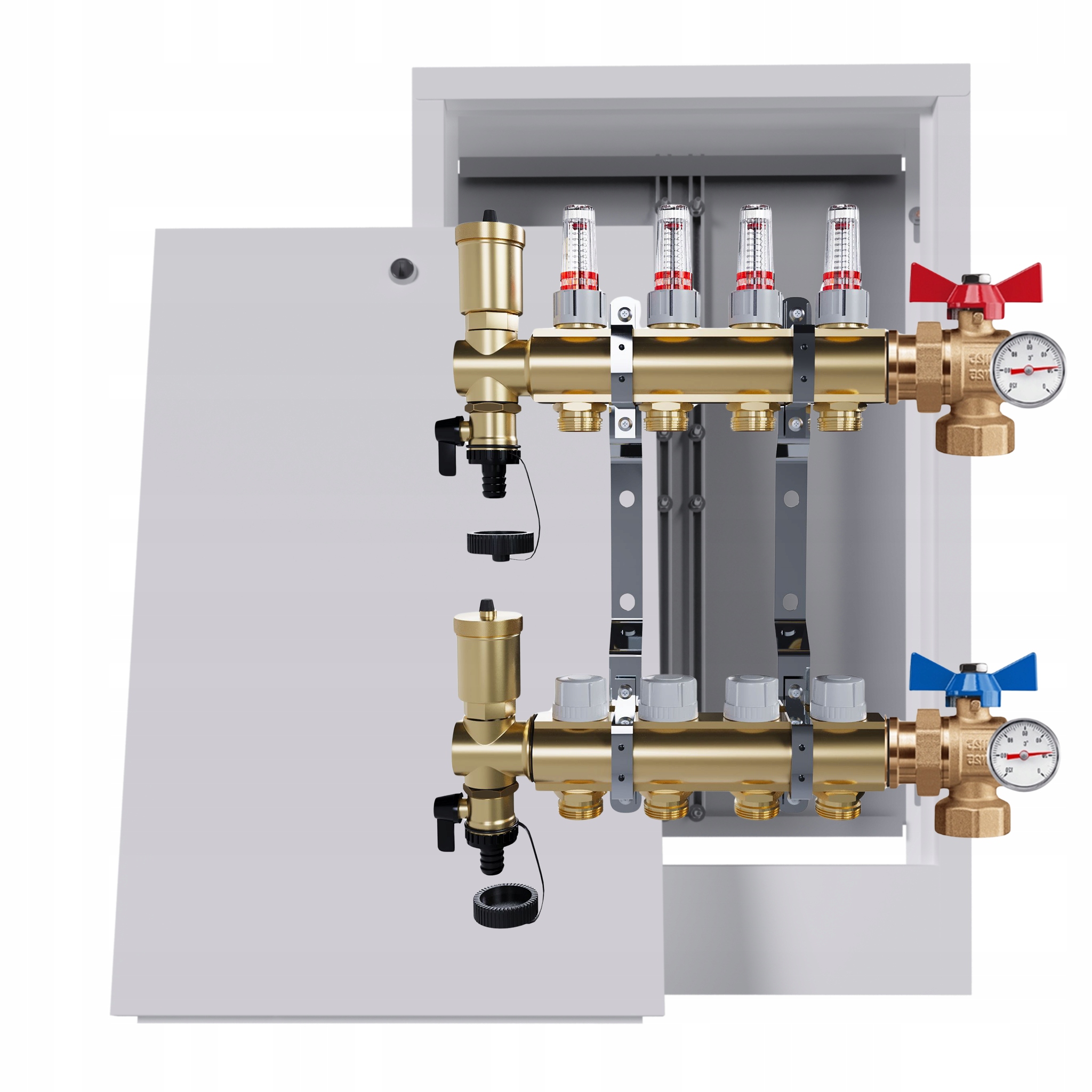 Rozdělovač Pro Podlahu 4 Okruhy Ventil Teploměr Nástěnná Skříňka