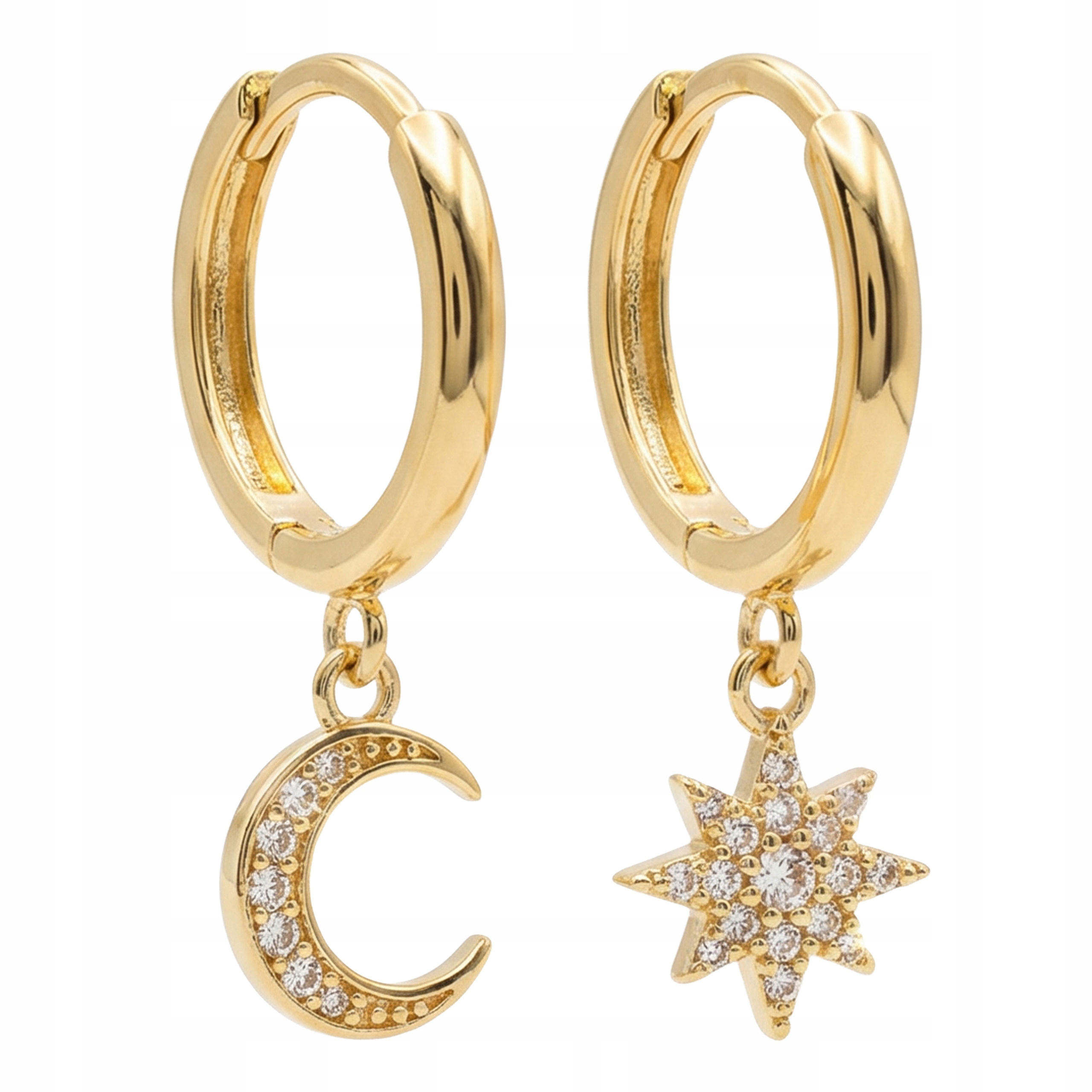 Kolczyki złote 585 kółeczka z wiszącym księżycem i gwiazdką moon and star