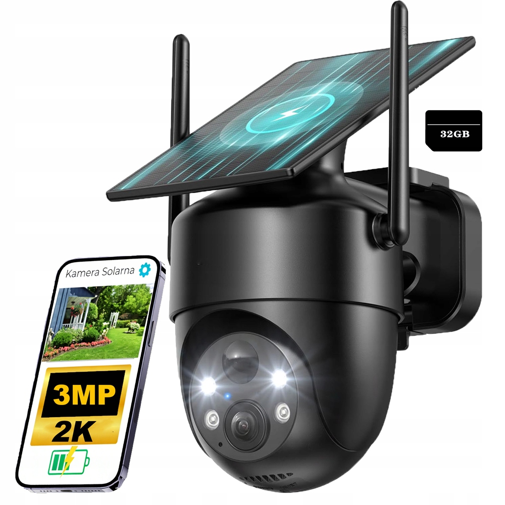 2K venkovní otočná bezdrátová solární kamera s 32 Gb paměťovou kartou