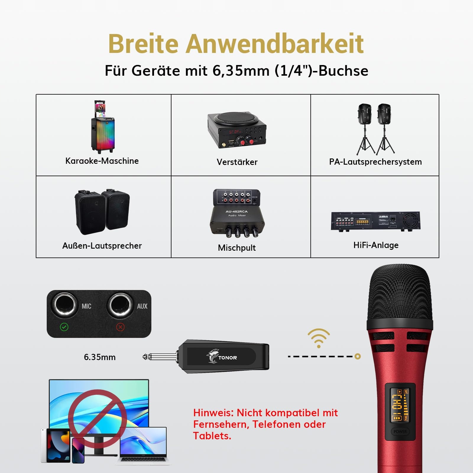 TONOR Mikrofon Bezprzewodowy Dynamiczny Z Odbiornikiem Do Karaoke PA — miniatura 6