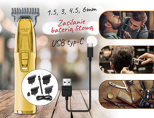 Trymer Adler AD 2836G Gold - Ceramiczne Ostrze, 4 Nakładki, USB
