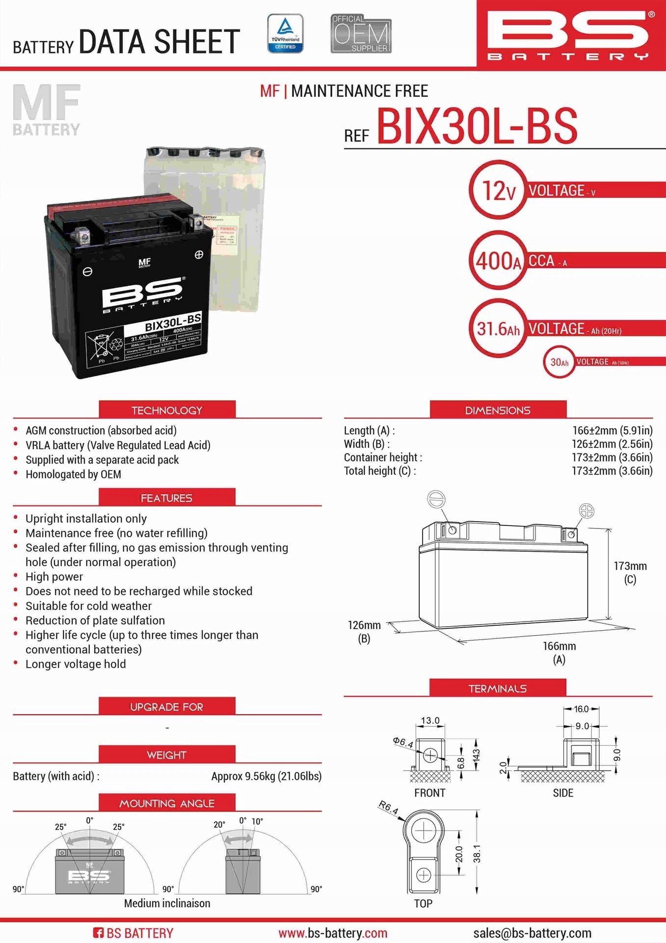 Bs Batéria BIX30L-BS (YTX30L-BS) 12V 30AH 165X125X175 Bezúdržbový Ele