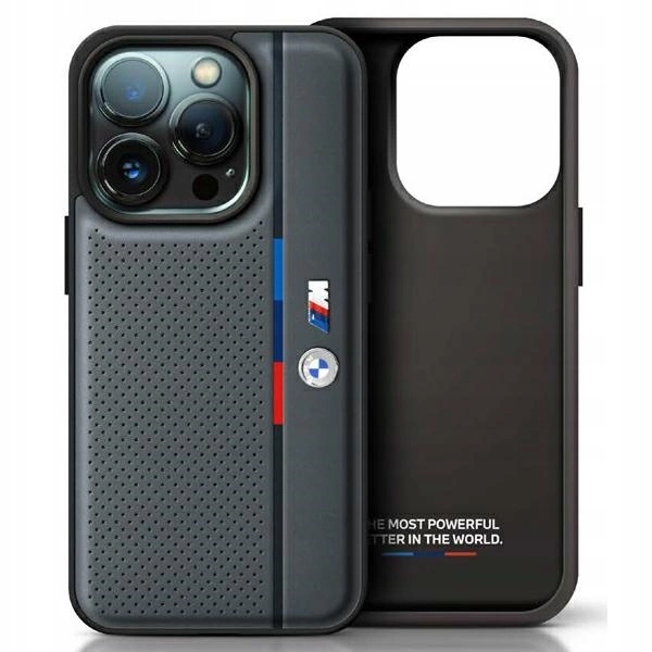 Pouzdro Bmw M Perforated Tricolor Detail Line pro iPhone 16 Pro tmavě šedé