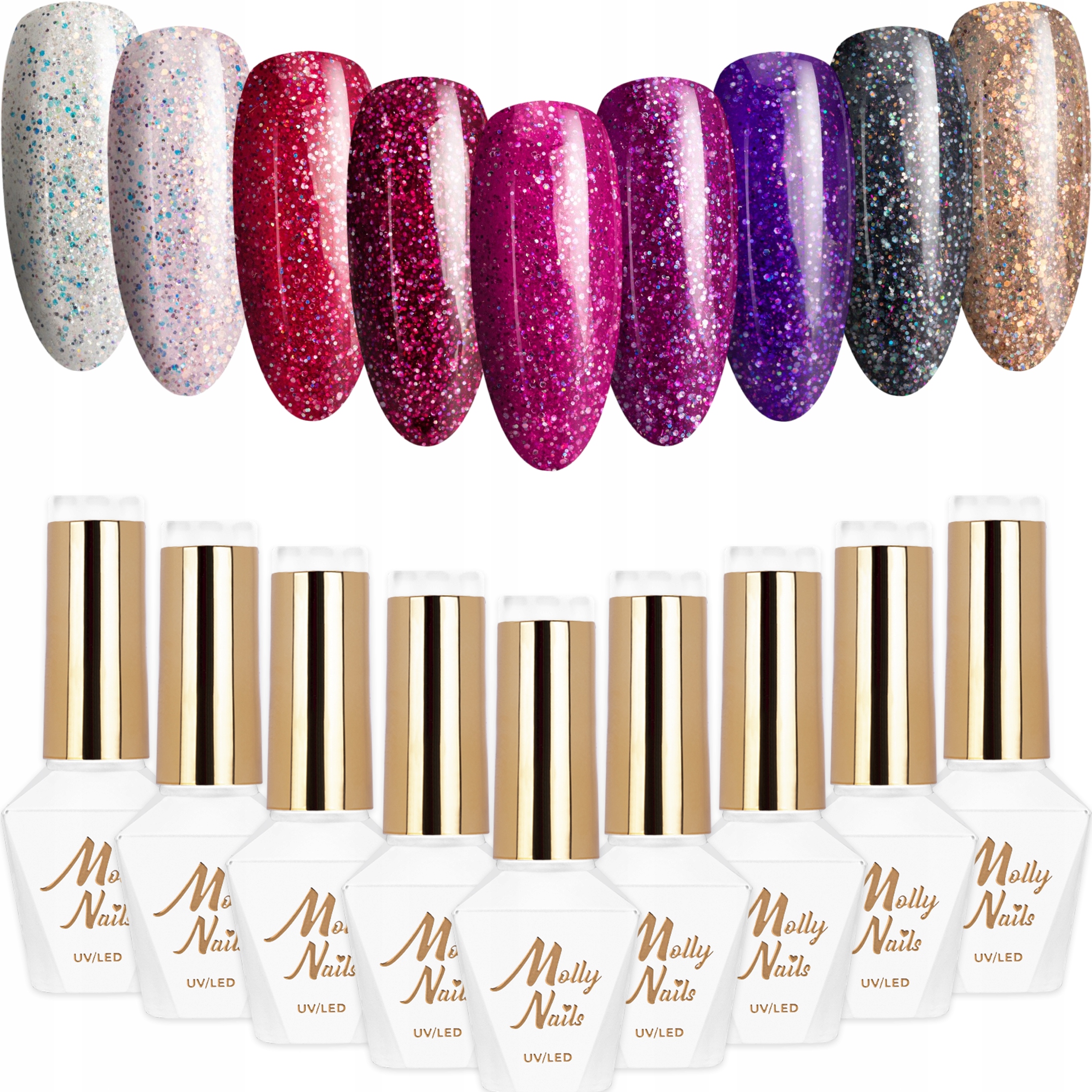 9x Lakier Hybrydowy Mollynails Spotlight Zestaw 9w1 Brokat Drobinki