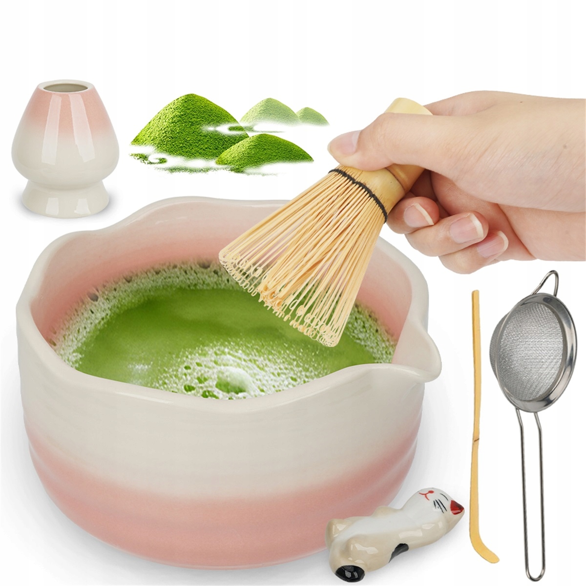 Sada Nástrojů Pro Matcha Růžová Keramická S Kočičím Stojánkem