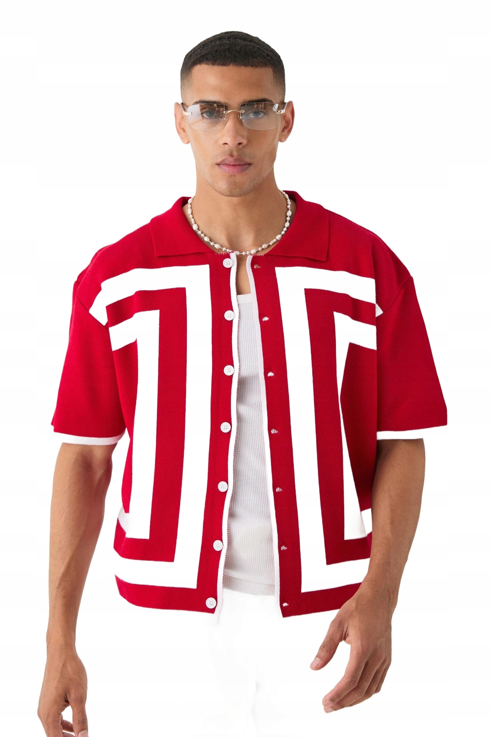 Boohooman Pánská Košile Casual Krátký Rukáv Červeno-bílý Vzor M Z3A