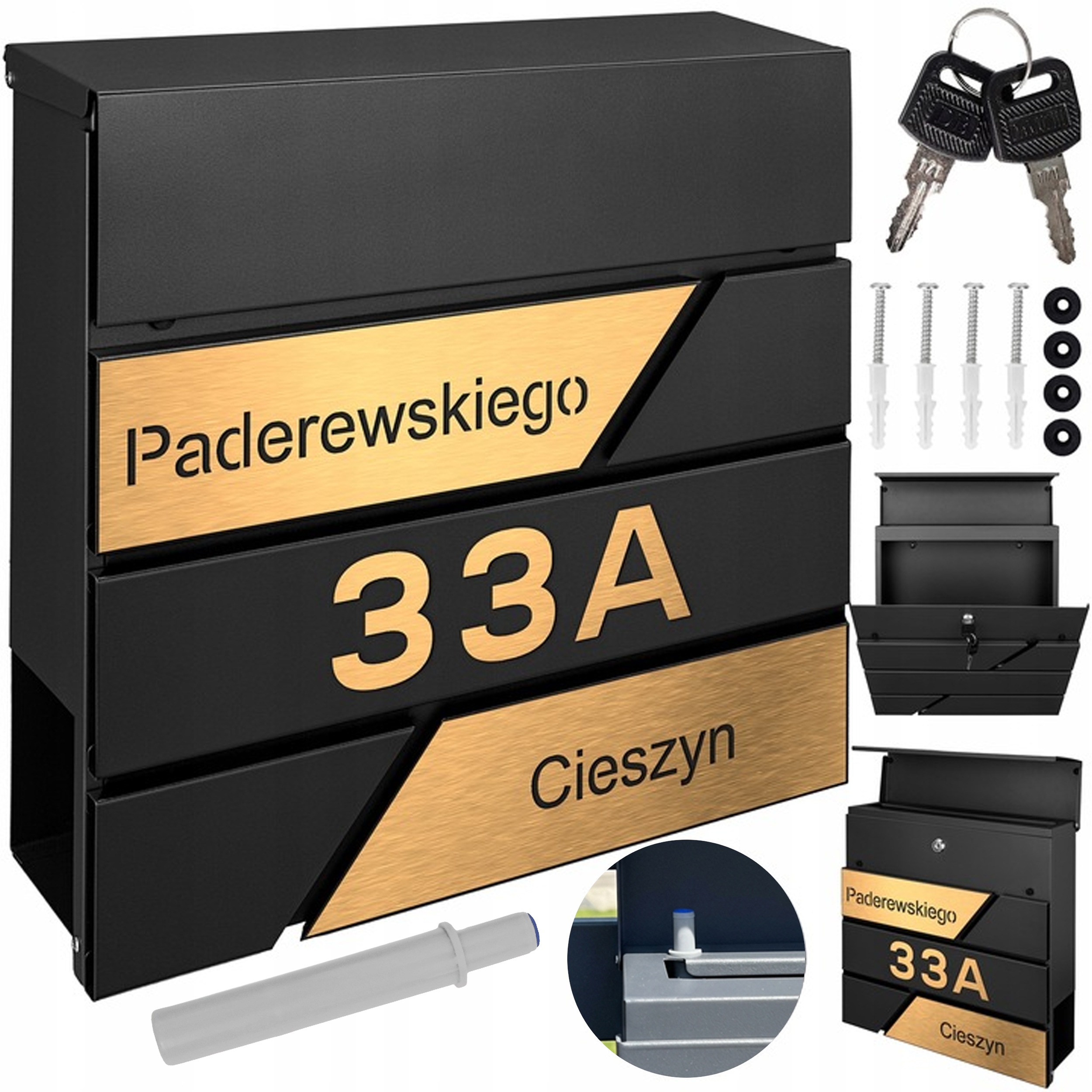 Černá Poštovní Schránka Zlatá Adresa S Gravírováním Ulice Nápis Číslo Domu