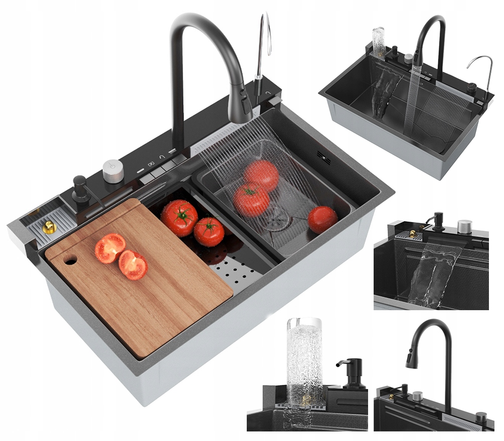 Oceľový umývadlový drez Gun Grey, Multifunkčná Sada, umývadlo s Kaskádovou Batériou