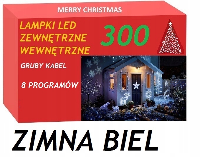 

300 Led Zimna Biel Lampki Choinkowe Wewnętrzne/zew