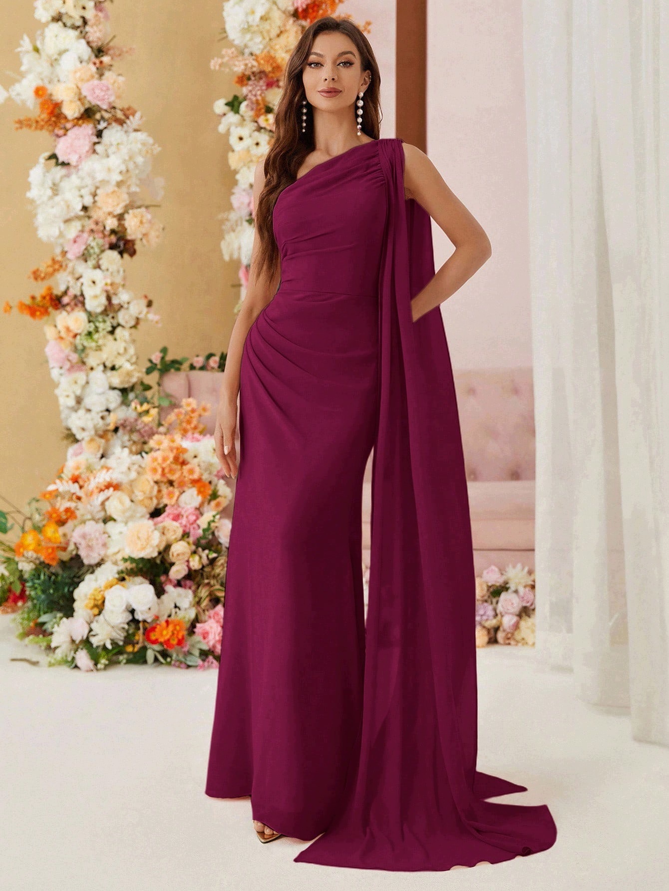 Shein Elegantní Šaty Na Jedno Ramínko Bordó Na Svatební Hostina 40/42 1 Ma