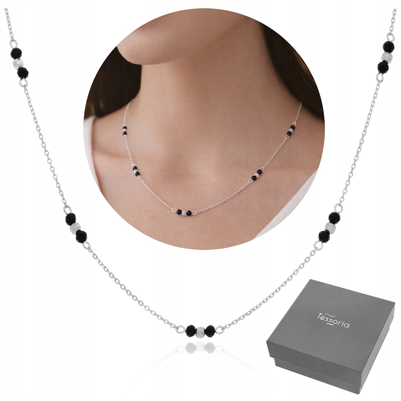 Stříbrný náhrdelník Černé Zirkony Diamantové Dámské Stříbro Rod ryzost 925