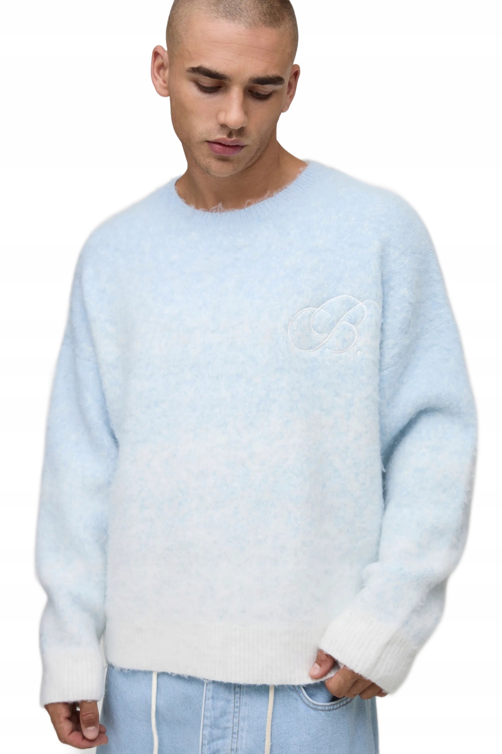 Boohooman Pánský Svetr V Modrém A Bílém Odstínu S Kulatým Výstřihem, Velikost 3A