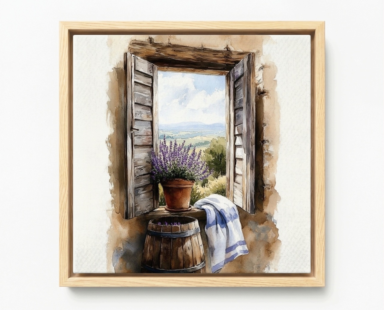 Obraz Rám Americký Box Akvarel Provence Okno Pohled Levandule Květiny 80x80