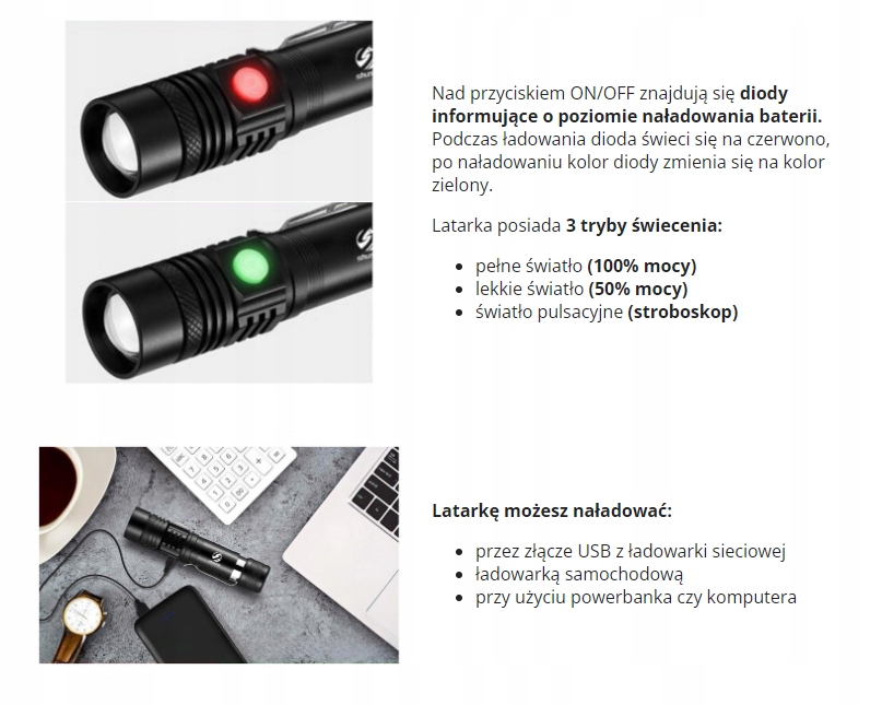 MOCNA LATARKA TAKTYCZNA LED CREE WODOODPORNA ZOOM Model latarka led