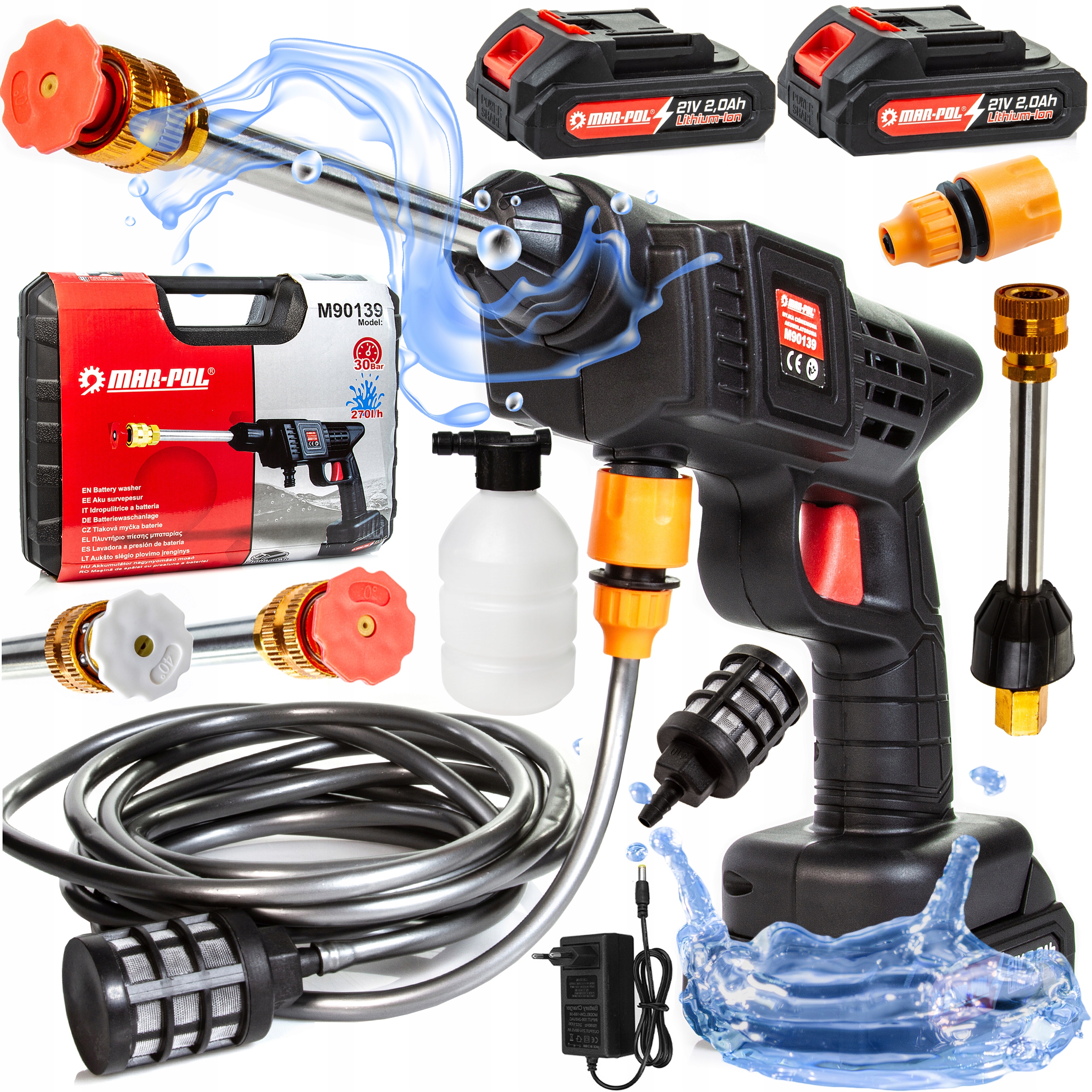 Акумуляторна мийка високого тиску 30 бар, бездротова, набір потужних насадок, 11 предметів