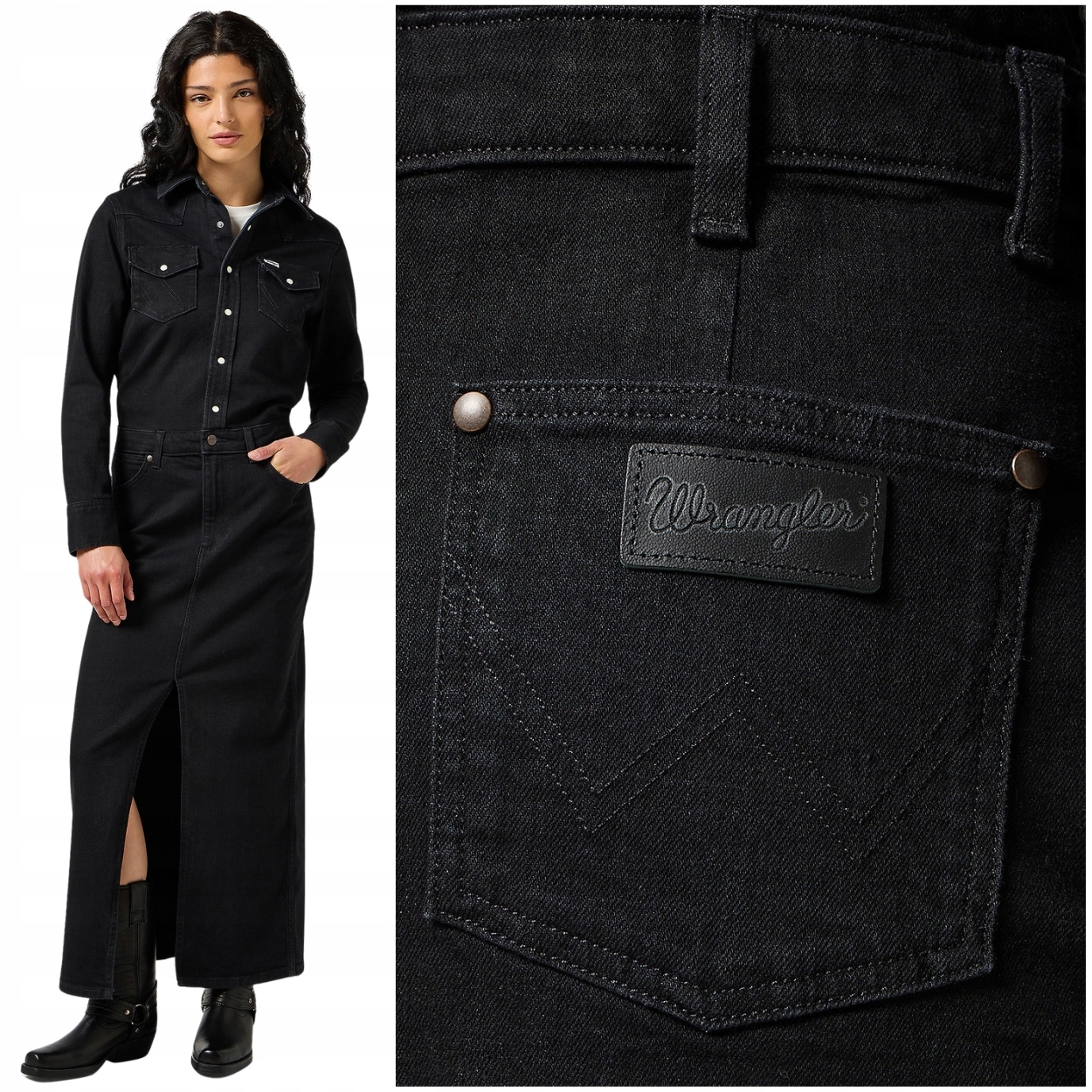 Wrangler Denim Match Up Dress černá dlouhá džínová šaty s rozparkem S