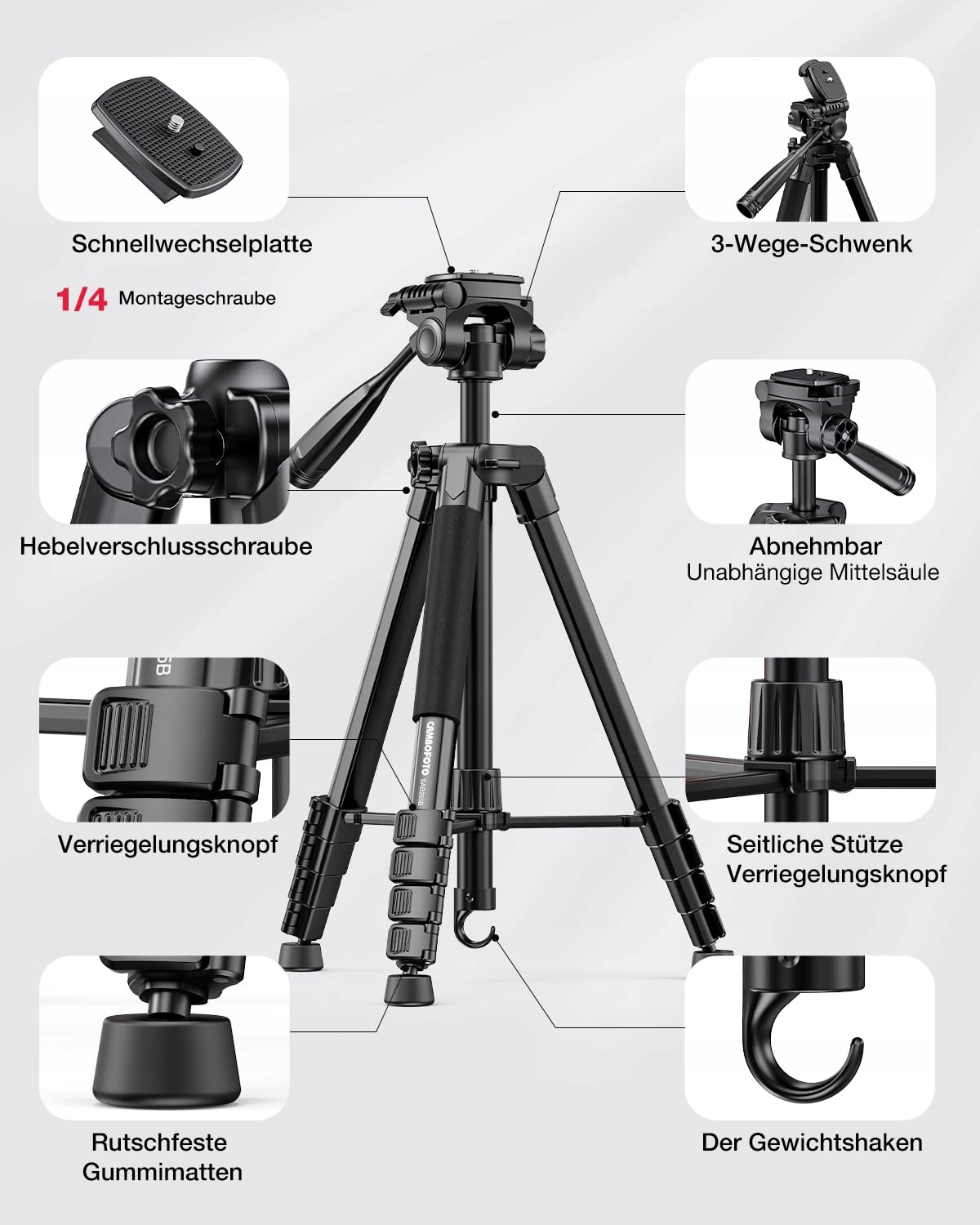 CAMBOFOTO 186cm Professional Aluminum Tripod & Monopod for DSLR & Phones — miniatura 6