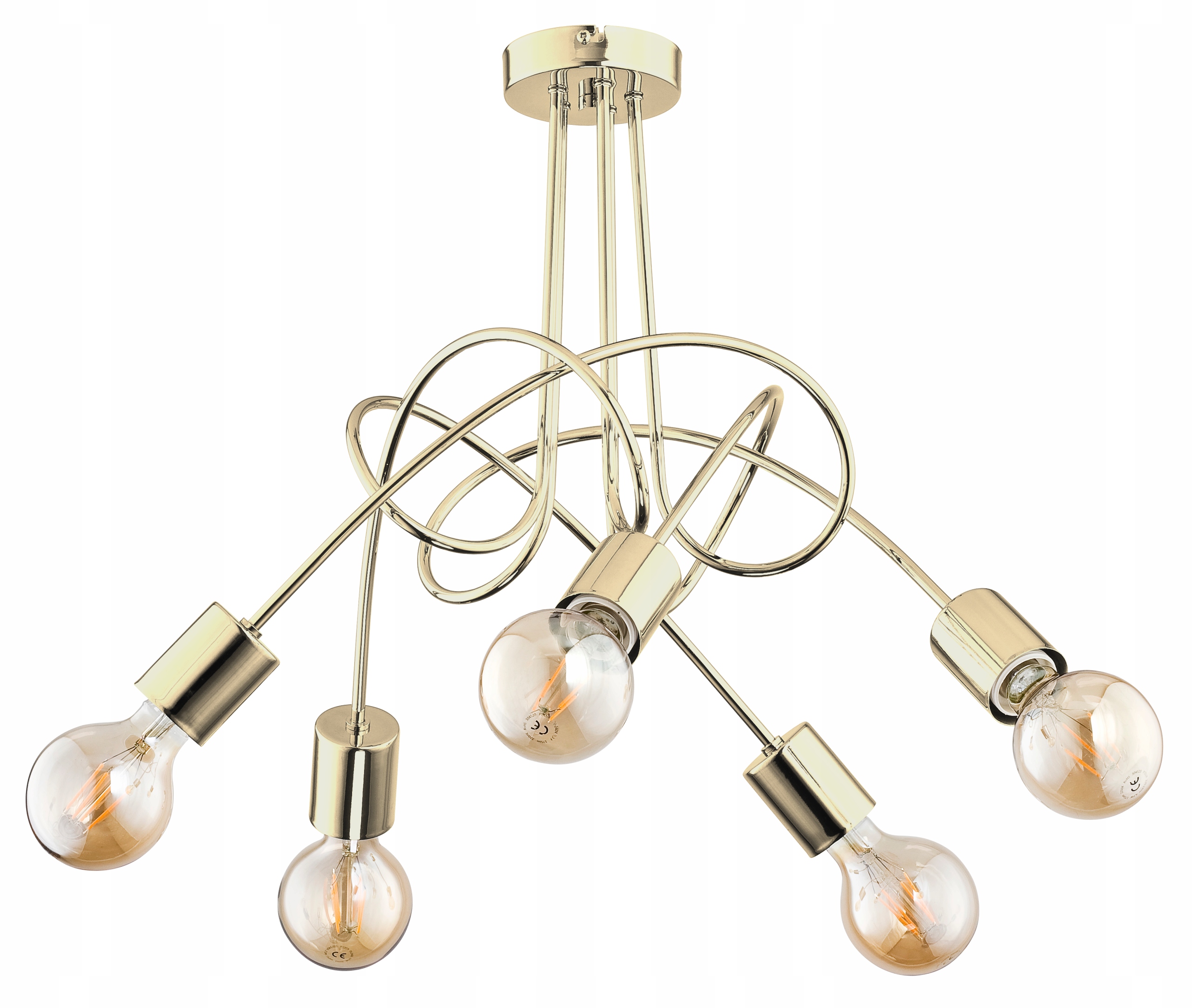 Zlatá závesná lampa v štýle Loft, stropné svietidlo so špirálovými rúrkami Tango 5 x E27